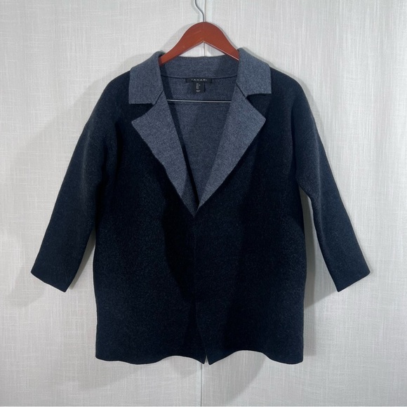 Tahari Open Front Merino Wool Blend Dark Grey Sweater Cardigan Size L - Picture 1 of 12